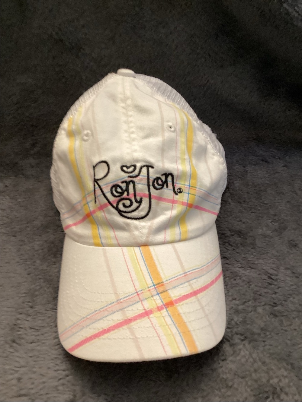Ron Jon White Cap with Pastel Pink, Yellow, and Blue Plaid